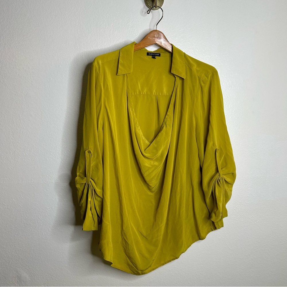 Eileen Fisher 100% Silk Chartreuse Drape Cowl Blouse XL